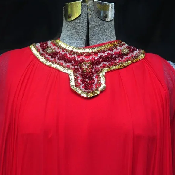 VTG 60's 70's Red Chiffon Trapeze A-Line Dress Beaded Neckline XS/S Twiggy Style - Picture 3 of 11